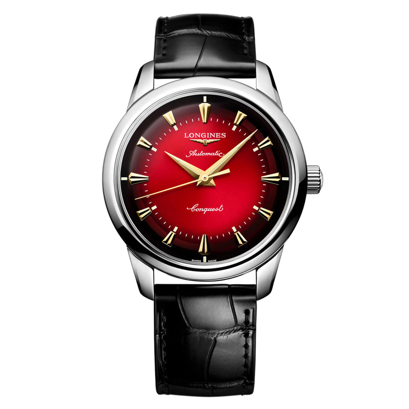 The Longines Conquest Heritage Year Of The Snake Edition features a red gradient dial, gold indices and hands, silver case, black leather strap, and runs on the LONGINES L888.5 calibre with the brand name on the dial.