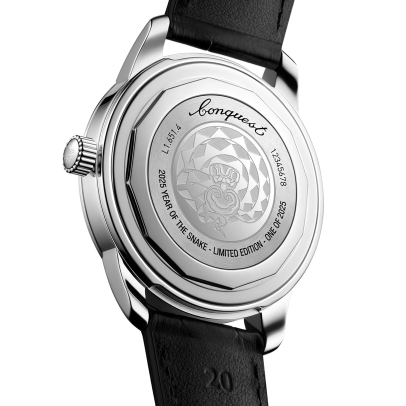 Close-up of the Longines Conquest Heritage Year Of The Snake Editions caseback, featuring a snake engraving, “2025 Year of the Snake - Limited Edition - One of 2025” text, and powered by the L888.5 calibre.