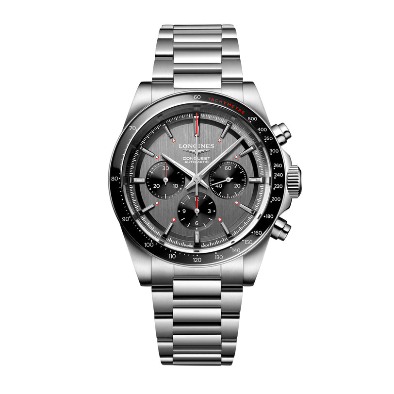 The Longines Conquest Chrono Ski Edition, a stainless steel chronograph wristwatch with a black bezel, three subdials, and a link bracelet, showcases Swiss precision against a white background.