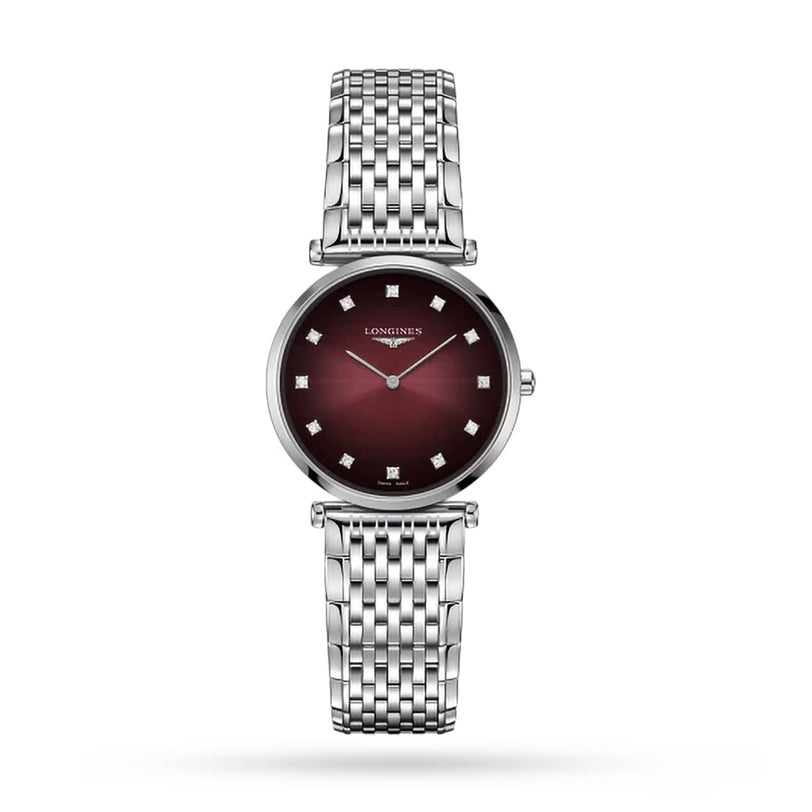 The La Grande Classique de LONGINES by Longines is a silver wristwatch with a woven metal band and a round burgundy dial accented by diamond hour markers and two hands.