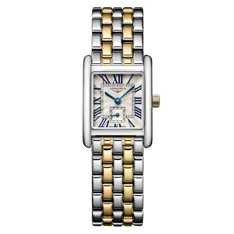 The Longines Mini DolceVita blends modern elegance with a rectangular face, two-tone gold and silver band, Roman numerals, small date display, and bold blue hands.