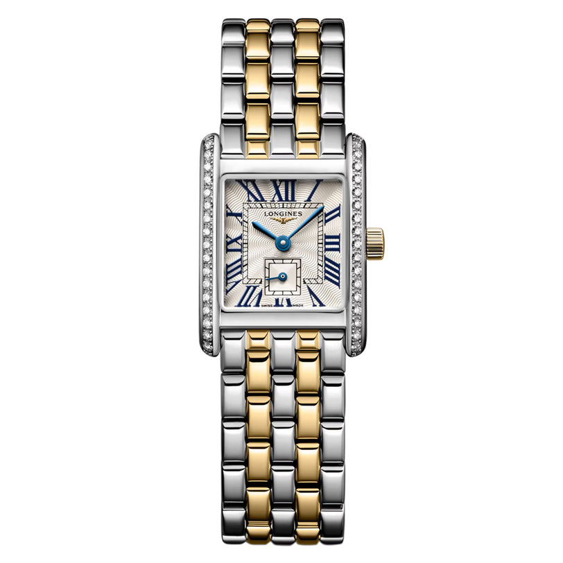 The Longines Mini DolceVita features a two-tone rectangular case, silver and gold link bracelet, Roman numeral dial, diamond-set bezel, and small seconds subdial for a look of refined elegance.