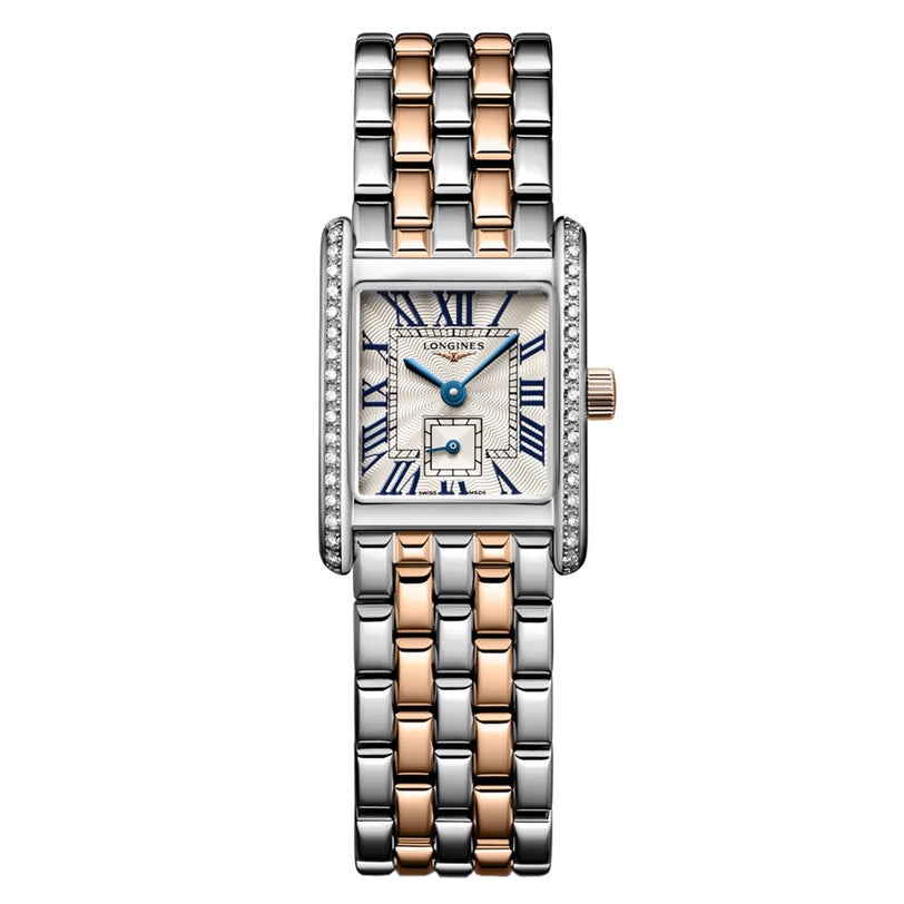 The Longines Mini Dolcevita is a rectangular two-tone watch with a diamond bezel, Roman numerals, and a silver dial on a metal link bracelet.