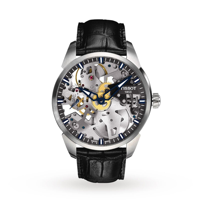 The Tissot T-Complication Squelette Mechanical wristwatch features visible gears, a black leather strap, silver-tone case, and blue hour markers, highlighting its exquisite Swiss mechanical movement.