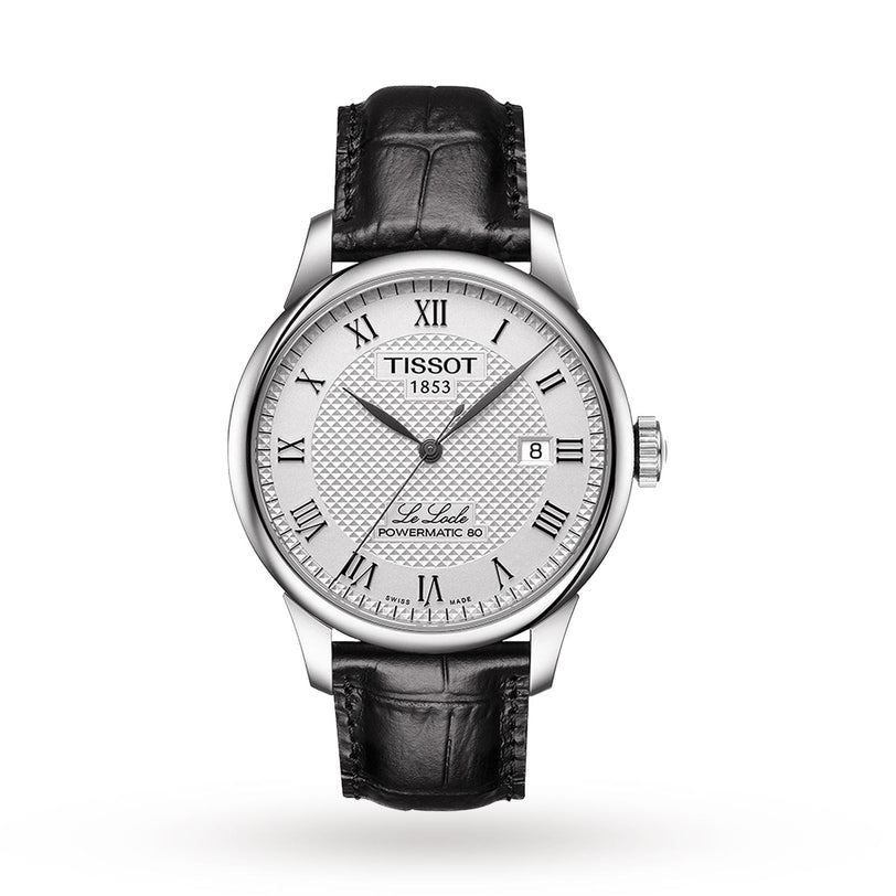 The Tissot Le Locle Powermatic 80 is a silver wristwatch with a white textured dial, Roman numerals, date display, and black leather strap—an elegant Swiss timepiece shown on a white background.