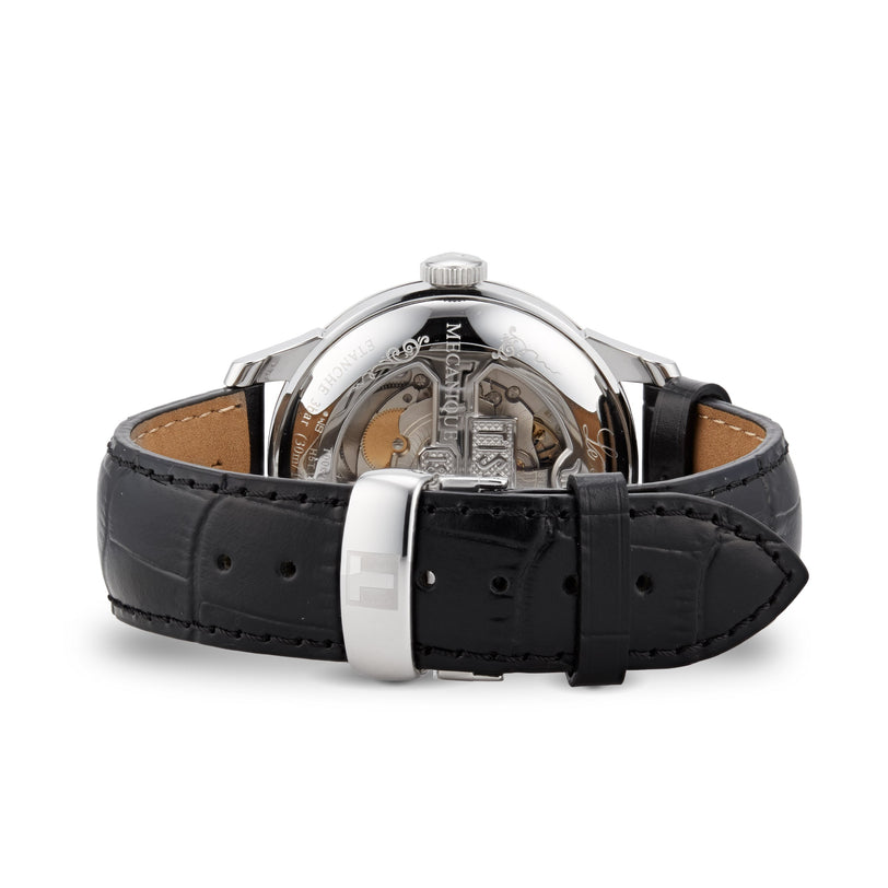 The back view of the Tissot Le Locle Powermatic 80 showcases its visible mechanical movement, black leather strap, and silver buckle—a true homage to Le Locle’s watchmaking heritage in the Swiss Jura Mountains.