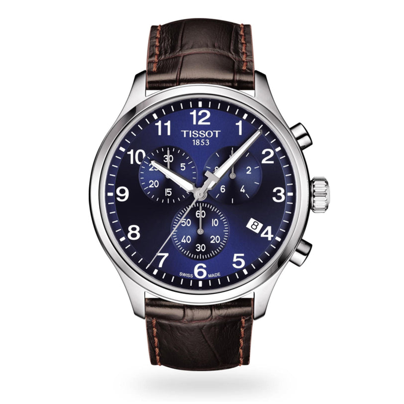 The Tissot Chrono XL Classic features a blue dial, white markers, three subdials, date display, and a brown leather strap—ideal for those who value luxury timepieces.