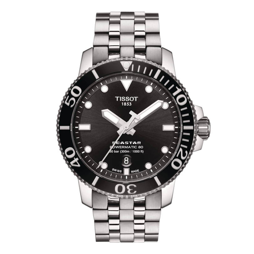 Tissot Seastar 1000 Powermatic 80 watch featuring a silver metal link band, black bezel and dial, and date display.