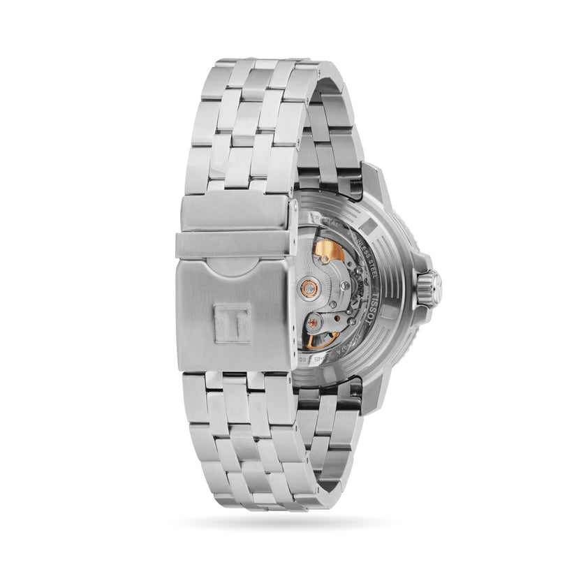The Tissot Seastar 1000 Powermatic 80 is a stainless steel wristwatch with a Powermatic 80 movement, transparent case back, and deployment clasp, shown on a white background.