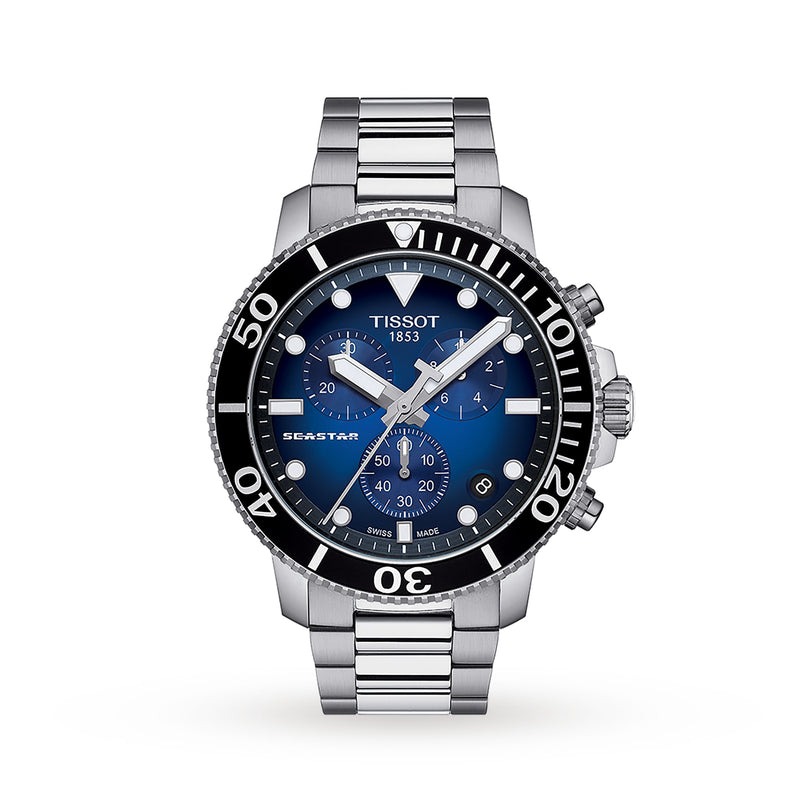 The Tissot Seastar 1000 Chronograph features a 45.5mm stainless steel case, blue dial, black bezel, three subdials, date window, and silver bracelet—designed for style and deep-sea exploration.