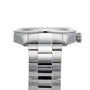 Close-up side view of the Tissot Gentleman Powermatic 80 Silicium, showcasing a stainless steel case with a linked bracelet band and the crown positioned on the right.