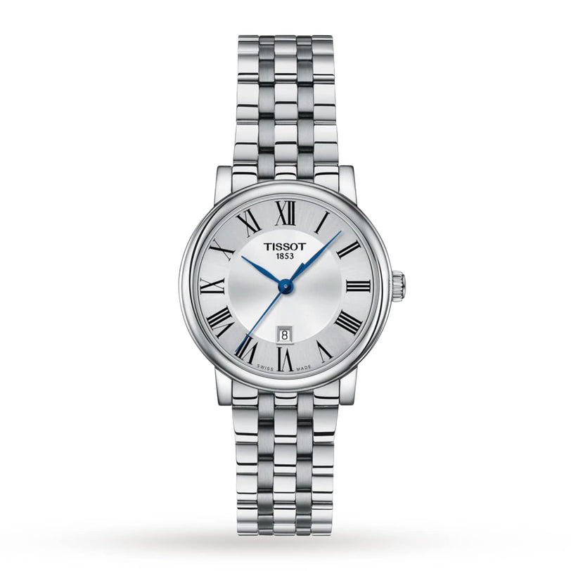 The Tissot Carson Premium features a silver metal link band, white dial, blue hands, black Roman numerals, and a date display at 6 o’clock—a refined wristwatch that exemplifies precision craftsmanship.