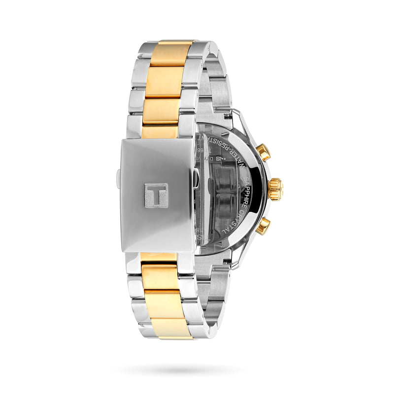 The Tissot Chrono XL Classic wristwatch, featuring a two-tone silver and gold metal band, closed clasp, water-resistant stainless steel case, and visible case back, is displayed against a white background.