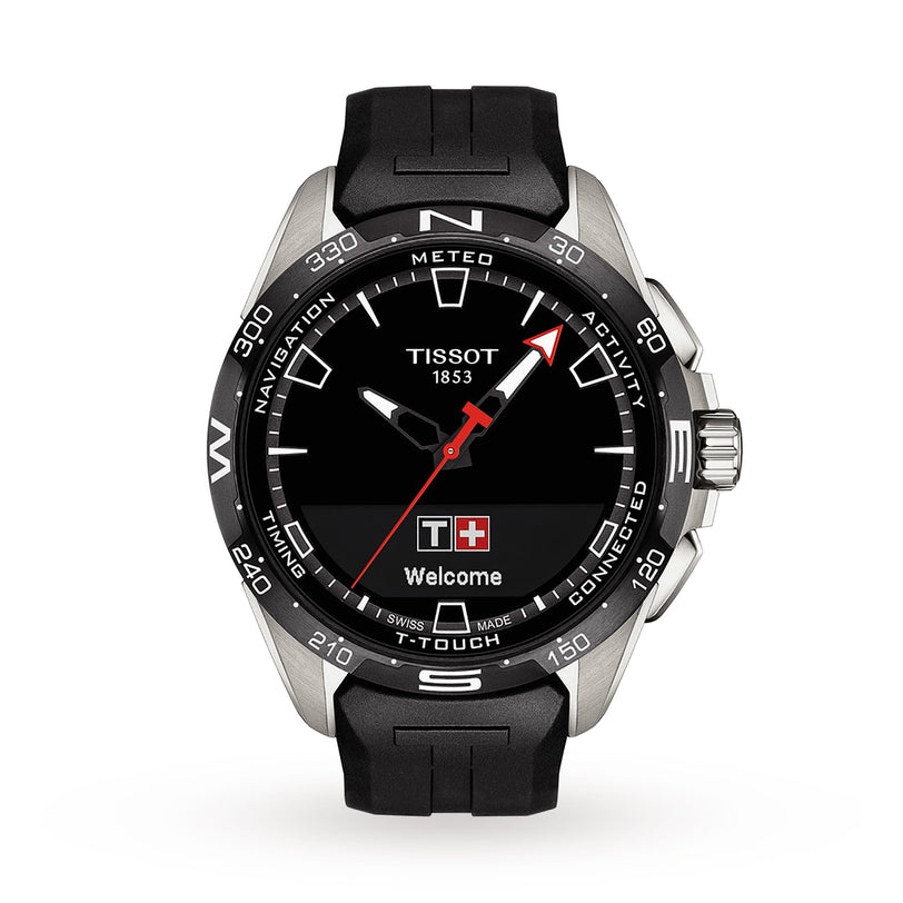 The Tissot T-Touch Connect Solar features a black face, titanium case, black rubber strap, digital “Welcome” display, compass bezel markings, and solar energy power reserve.