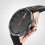 The Tissot T-Touch Connect Solar features a black dial, rose gold antimagnetic titanium case, and black rubber strap, with a red arrow highlighting METEO on the bezel as the solar energy power reserve indicator.