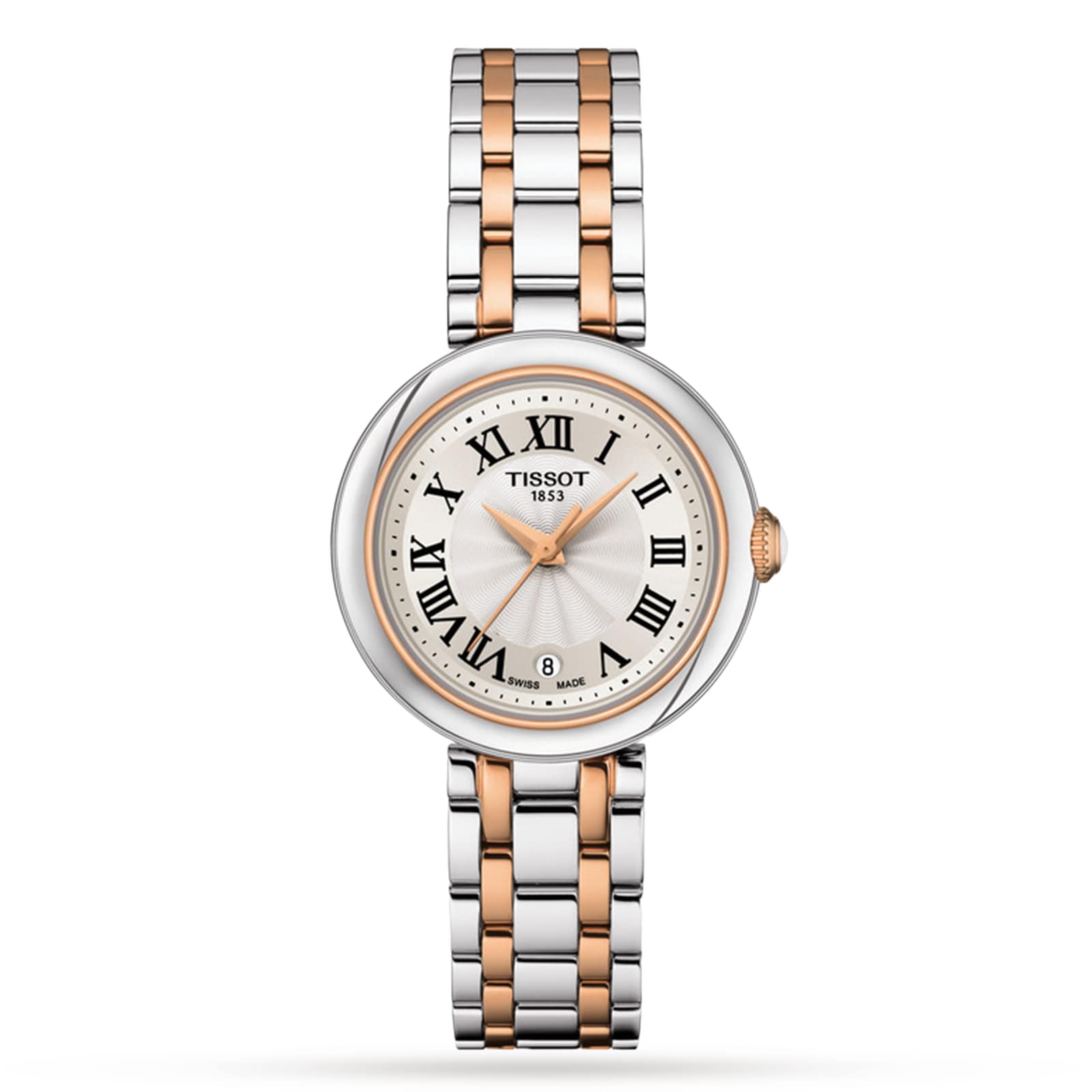 The Tissot Bellissima Small features a silver and rose gold PVD metal band, Roman numeral markers, and a 6 o’clock date window, all powered by accurate Swiss quartz movement.