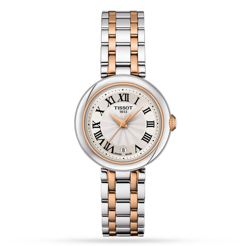 The Tissot Bellissima Small features a silver and rose gold PVD metal band, Roman numeral markers, and a 6 o’clock date window, all powered by accurate Swiss quartz movement.