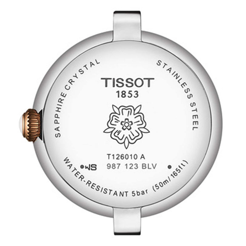 Back view of the Tissot Bellissima Small watch case featuring the brand name, floral design, model details, Swiss quartz movement info, water resistance rating, sapphire crystal inscription, and rose gold PVD stainless steel.