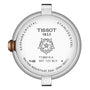 Back view of the Tissot Bellissima Small watch case featuring the brand name, floral design, model details, Swiss quartz movement info, water resistance rating, sapphire crystal inscription, and rose gold PVD stainless steel.