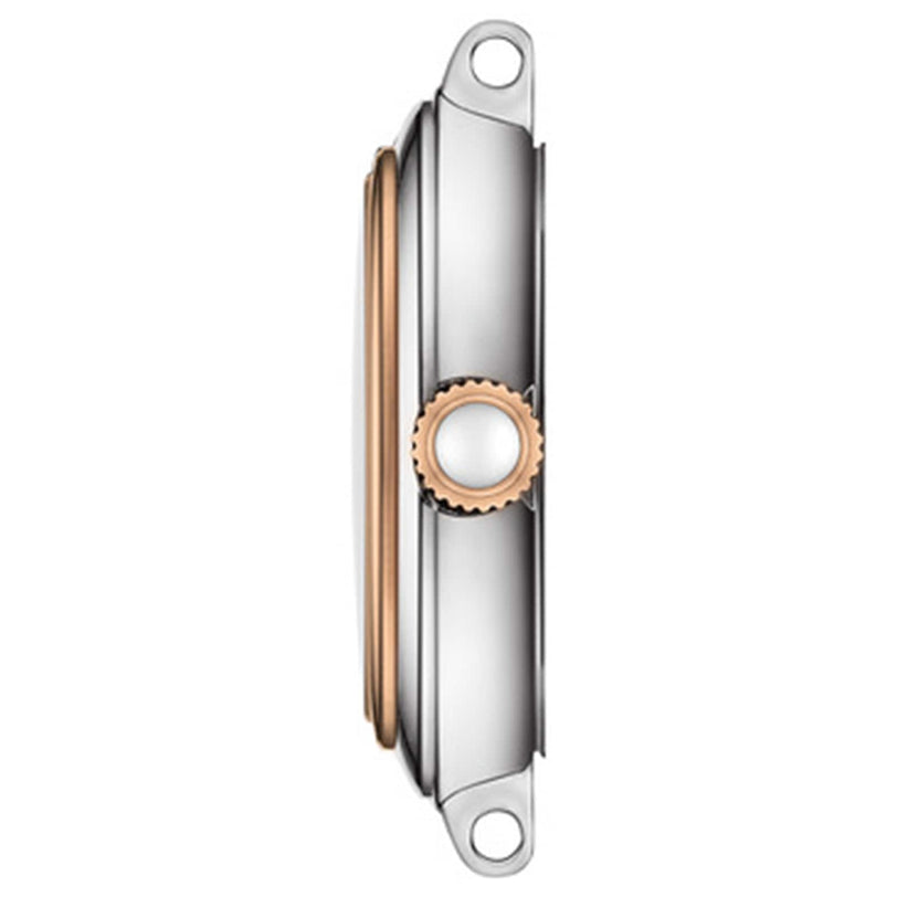 Side view of the Tissot Bellissima Small wristwatch case, displaying a metal body, rose gold PVD crown and bezel, and visible lugs at both ends for attaching a strap.