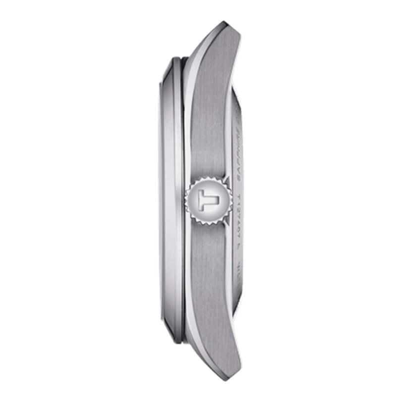 Side view of the Tissot Gentleman Powermatic 80 Silicium watch case, showing a brushed stainless steel finish, T-logo crown, and slightly domed glass crystal—highlighting Tissot’s refined craftsmanship.