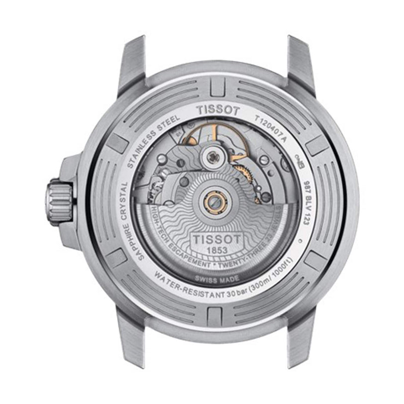 Rear view of the Tissot Seastar 1000 Powermatic 80 highlights its stainless steel case, transparent sapphire crystal, automatic movement, and water resistance markings.