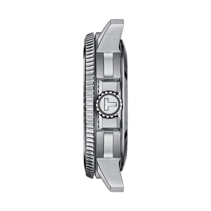 Side view of the Tissot Seastar 1000 Powermatic 80 case with a textured bezel and a crown bearing the T logo, photographed against a white background.