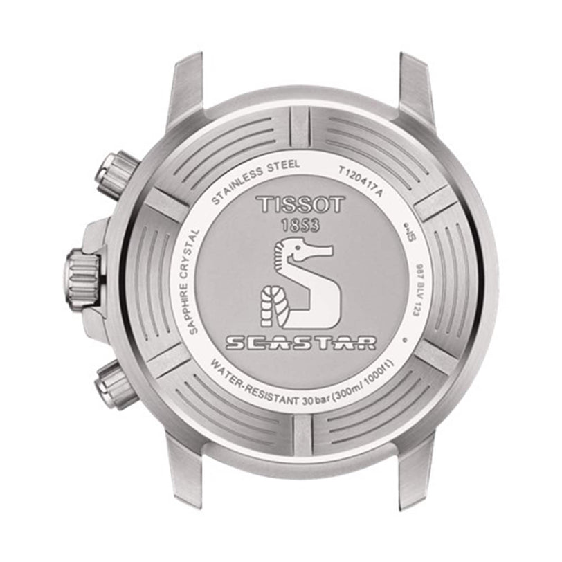 Back view of the Tissot Seastar 1000 Quartz Chronograph case displays the brand, logo, stainless steel, SuperLuminova®, water resistance info, model number, and sapphire crystal details.