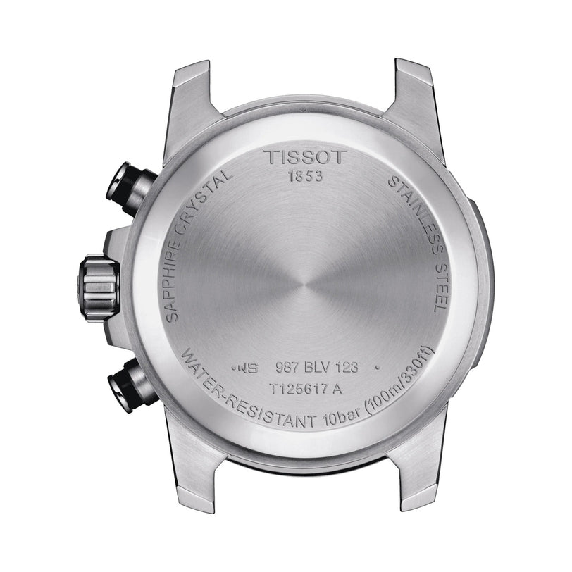 Back view of Tissot Supersport Chrono case, featuring stainless steel construction, Swiss quartz movement, 10-bar water resistance, and engraved model details—a testament to Tissot’s precision craftsmanship.