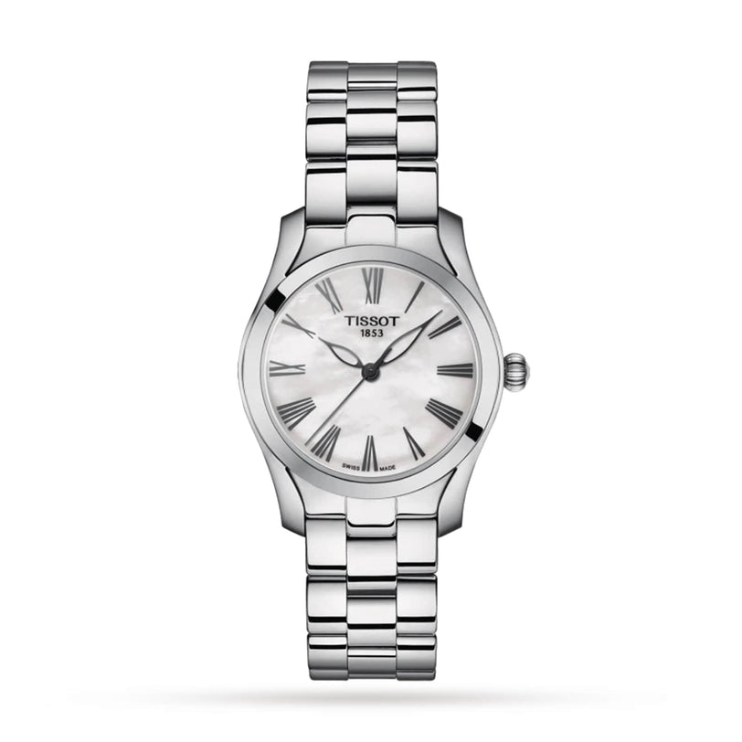 The Tissot T-Wave is an elegant stainless steel wristwatch with a silver bracelet, white dial, and Roman numerals—a feminine luxury timepiece beautifully showcased against a plain white background.