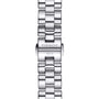 Close-up of a silver Tissot T-Wave watch bracelet, featuring the engraved brand name and 1853 on the clasp—a mark of refined feminine elegance.