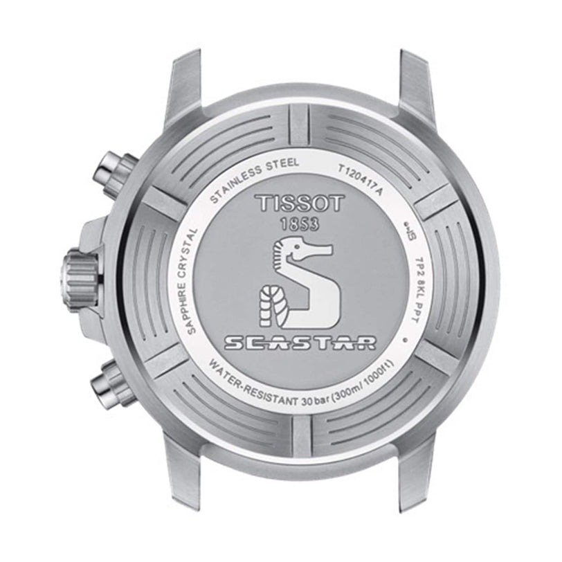 Back view of the Tissot Seastar 1000 Chronograph case, showcasing its logo, stainless steel build, water resistance, and technical details.