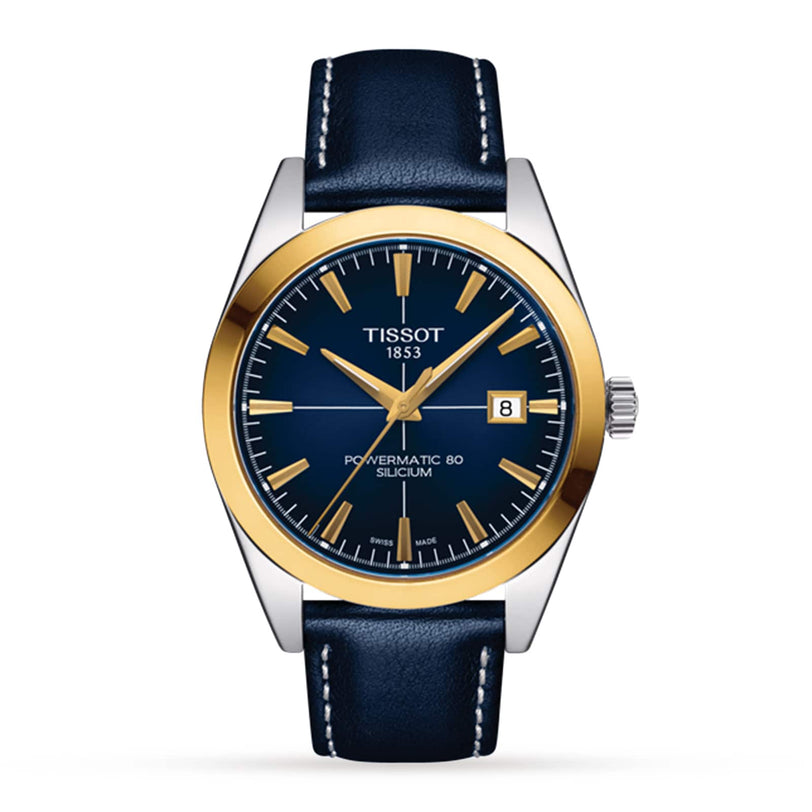 The Tissot Gentleman Powermatic 80 Silicium features a blue dial, solid 18k gold bezel, date at 3 o’clock, and blue leather strap. This luxury wristwatch boasts precise timekeeping with the renowned Powermatic 80 movement.