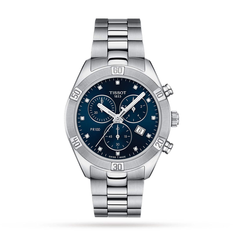 A Tissot PR 100 Sport Chic Chronograph watch in silver, featuring a blue dial and metal bracelet, shown on a white background.