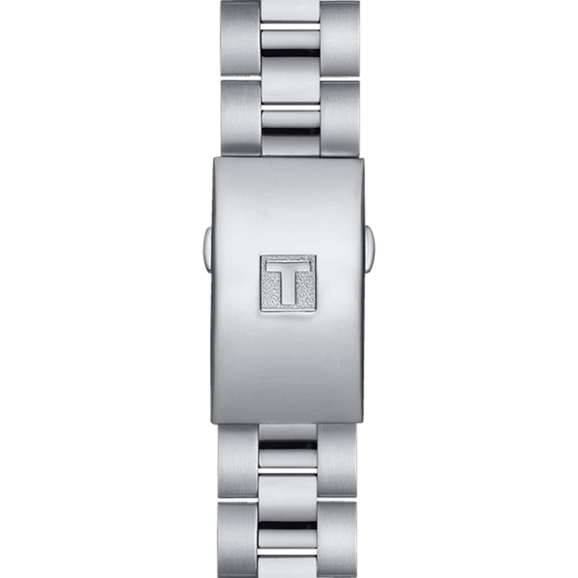 The silver metal clasp, engraved with the Tissot T logo, is part of the polished link bracelet on the PR 100 Sport Chic Chronograph.