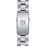 The silver metal clasp, engraved with the Tissot T logo, is part of the polished link bracelet on the PR 100 Sport Chic Chronograph.