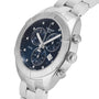 The Tissot PR 100 Sport Chic Chronograph features a silver stainless steel band, blue dial, and three subdials.