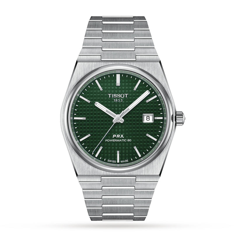 The Tissot PRX Powermatic 80 is a stainless steel wristwatch with a green textured dial, silver markers and hands, Powermatic 80 movement, and a date display at 3 o’clock.