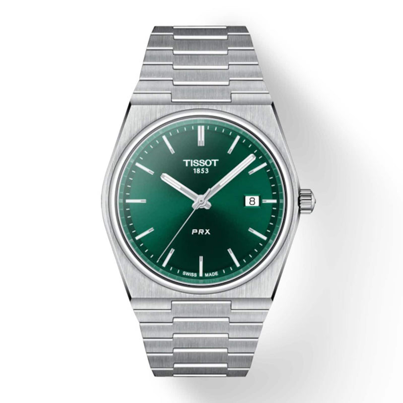 The Tissot PRX is a stainless steel wristwatch with a green dial, white hour markers, Swiss quartz movement, date display at 3 o’clock, and a brushed stainless steel bracelet.