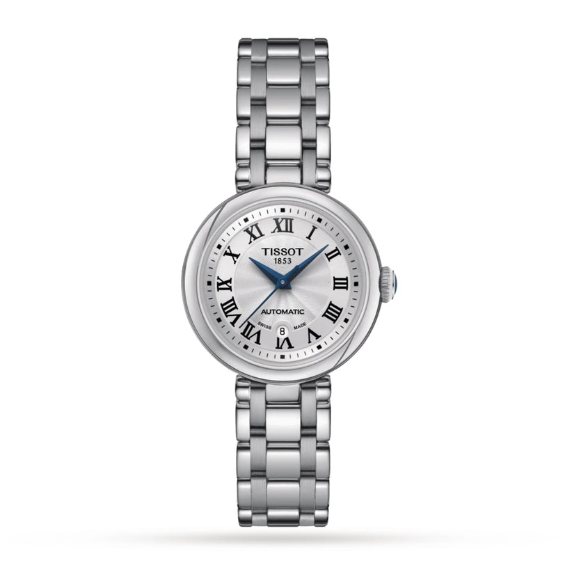 The Tissot Bellissima Automatic features a silver metal link band, white dial with Roman numerals, a date window at 6 o’clock, and Swiss automatic movement.