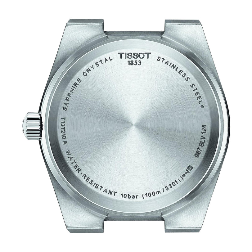 Back view of the Tissot PRX showing engraved details on the stainless steel case, including water resistance, sapphire crystal, Swiss quartz movement, and model information.