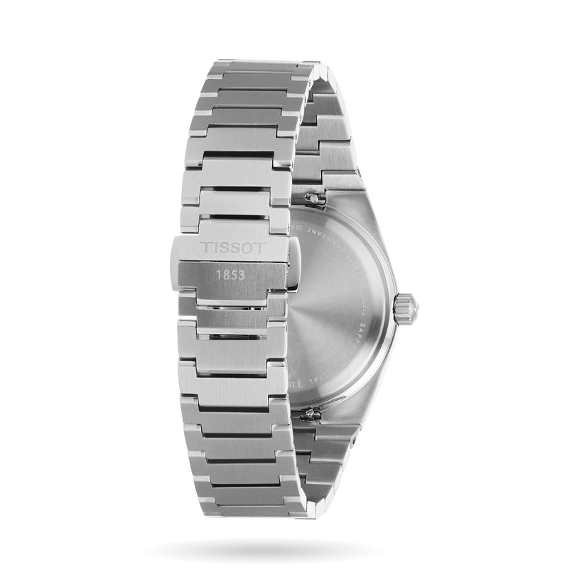 Back view of the Tissot PRX, featuring a stainless steel case, engraved clasp, and metal bracelet—a prime example of Tissots durable craftsmanship.