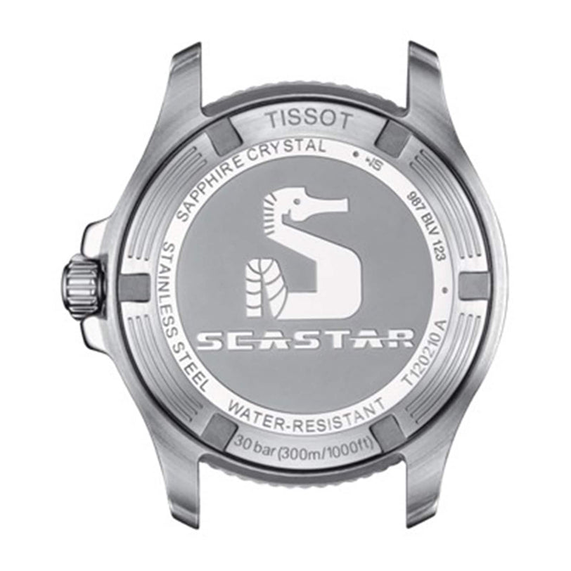Back view of the Tissot Seastar 1000 watch case featuring the engraved seahorse logo, water resistance info, SuperLuminova® details, and notes on sapphire crystal and stainless steel construction.