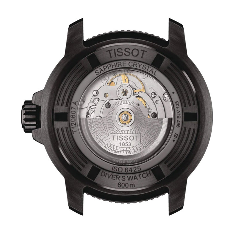 Back view of the Tissot Seastar 2000 Professional Powermatic 80 diver’s watch displaying its exposed Powermatic 80 movement, with engraving details including Sapphire Crystal, ISO 6425 certification, and 600m water resistance.