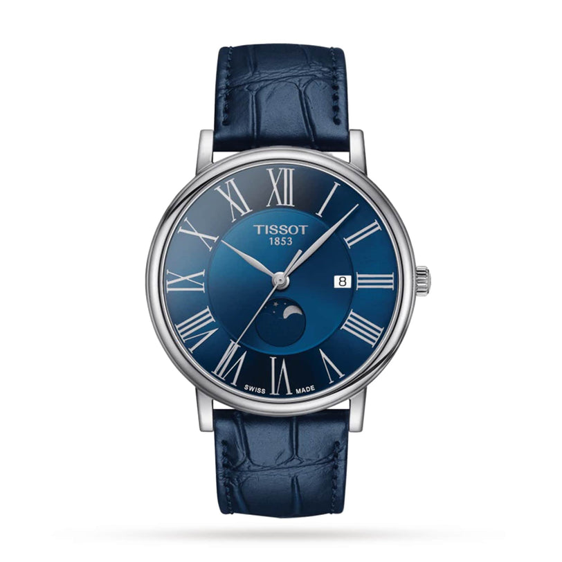 The Tissot Carson Premium Moonphase features a blue leather strap, blue dial, silver Roman numerals, date window, subdial, and Swiss-made quartz EOL movement, shown against a white background.