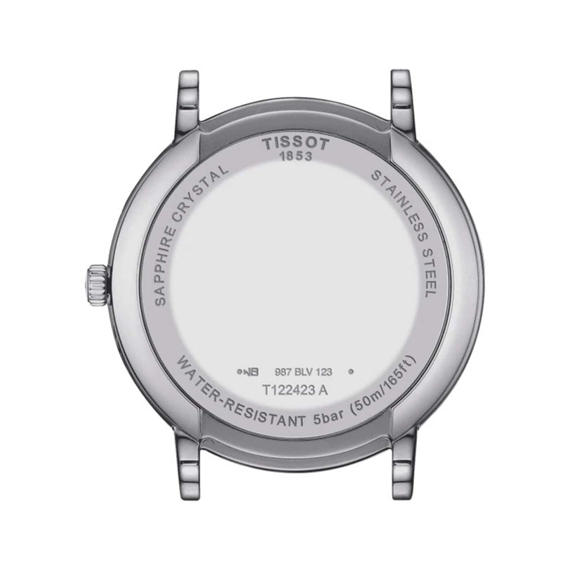 Back view of the Tissot Carson Premium Moonphase watch case displaying engravings for sapphire crystal, stainless steel, 5 bar water resistance, model number T122423A, and Swiss-made quartz EOL movement.