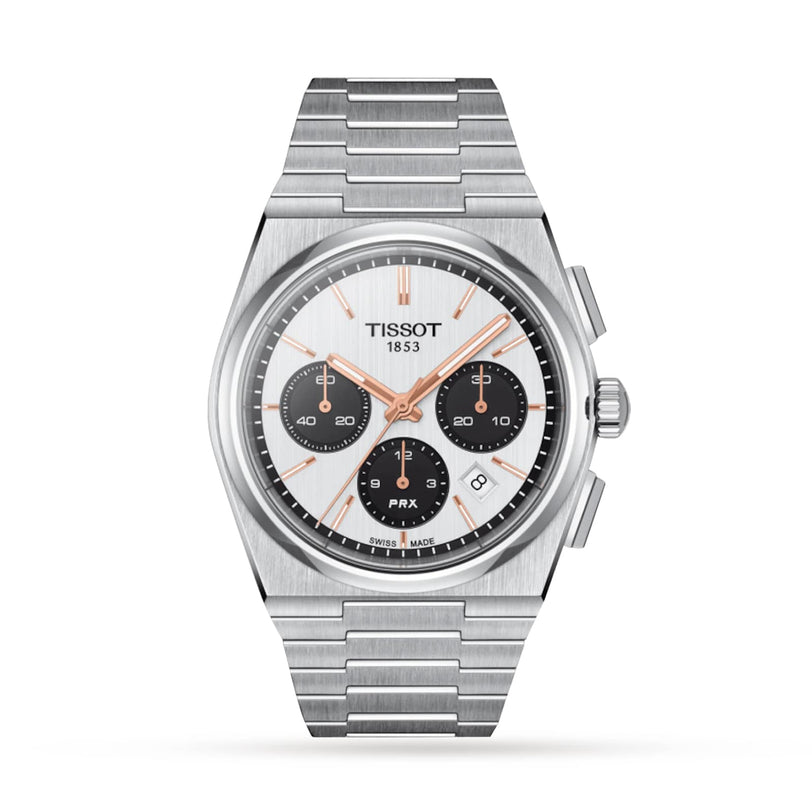 The Tissot PRX Automatic Chronograph features a silver case, white dial with three black subdials, date window, stainless steel bracelet, and a 70s-inspired design.