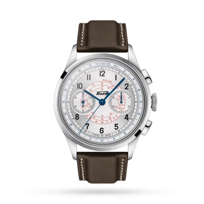 The Tissot Telemeter 1938 features a silver case, white dial, blue hands, two subdials, black numerals, and a brown leather strap for a vintage look against a plain white background.