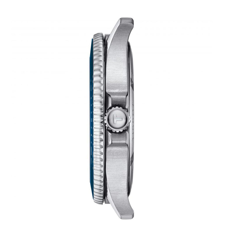 Side view of the Tissot Seastar 1000 divers watch featuring a textured bezel and crown, blue strap, and water resistance.