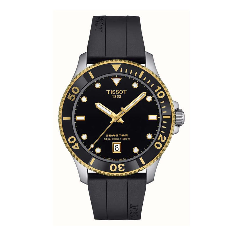 The Tissot Seastar 1000 is a stylish diver’s watch with a black dial, gold bezel, and black rubber strap. It features a date display and 30 bar water resistance, making it ideal for underwater adventures.